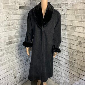 Vintage JNY Wool Cashmere Maxi Overcoat Coat 6 Black Faux Fur Trim Collar Cuffs